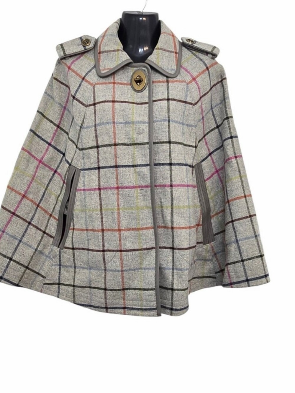 Coach Plaid 100% Wool Cape Leather Trim Poncho Coat (Size S)